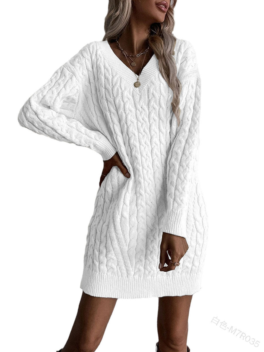 Solid Color And V neck Pullover Dress Sweater Women's Casual Fashion Mid length Knitwear White - Shop at LoveMi