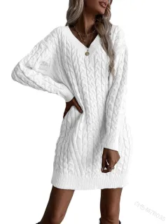 Solid Color And V-neck Pullover Dress Sweater Women's Casual Fashion Mid-length Knitwear - White - View 1
