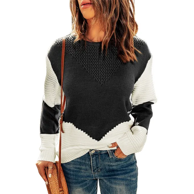 European And American Knitted Top Women's Autumn And Winter Clothing New Round Neck Contrast Color Bottoming Shirt Black - Shop at LoveMi