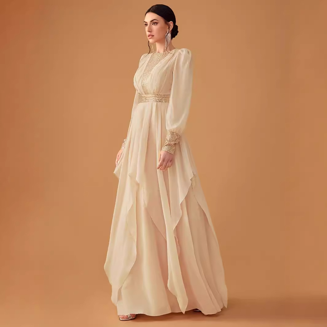 Women's Elegant Chiffon Sequined Lantern Sleeve Dress