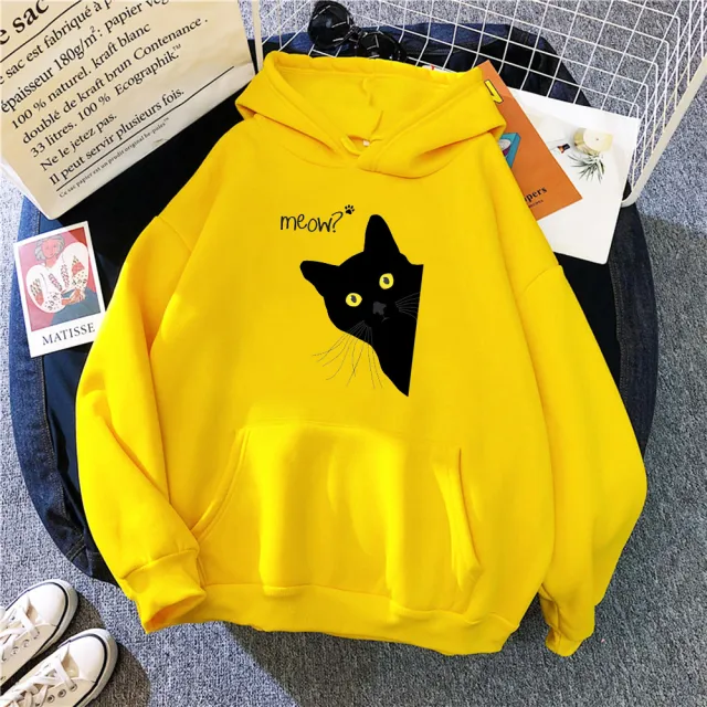 Personalized Black Cat Hooded Sweater Fleece Padded Coat Plus Size Yellow - Shop at LoveMi