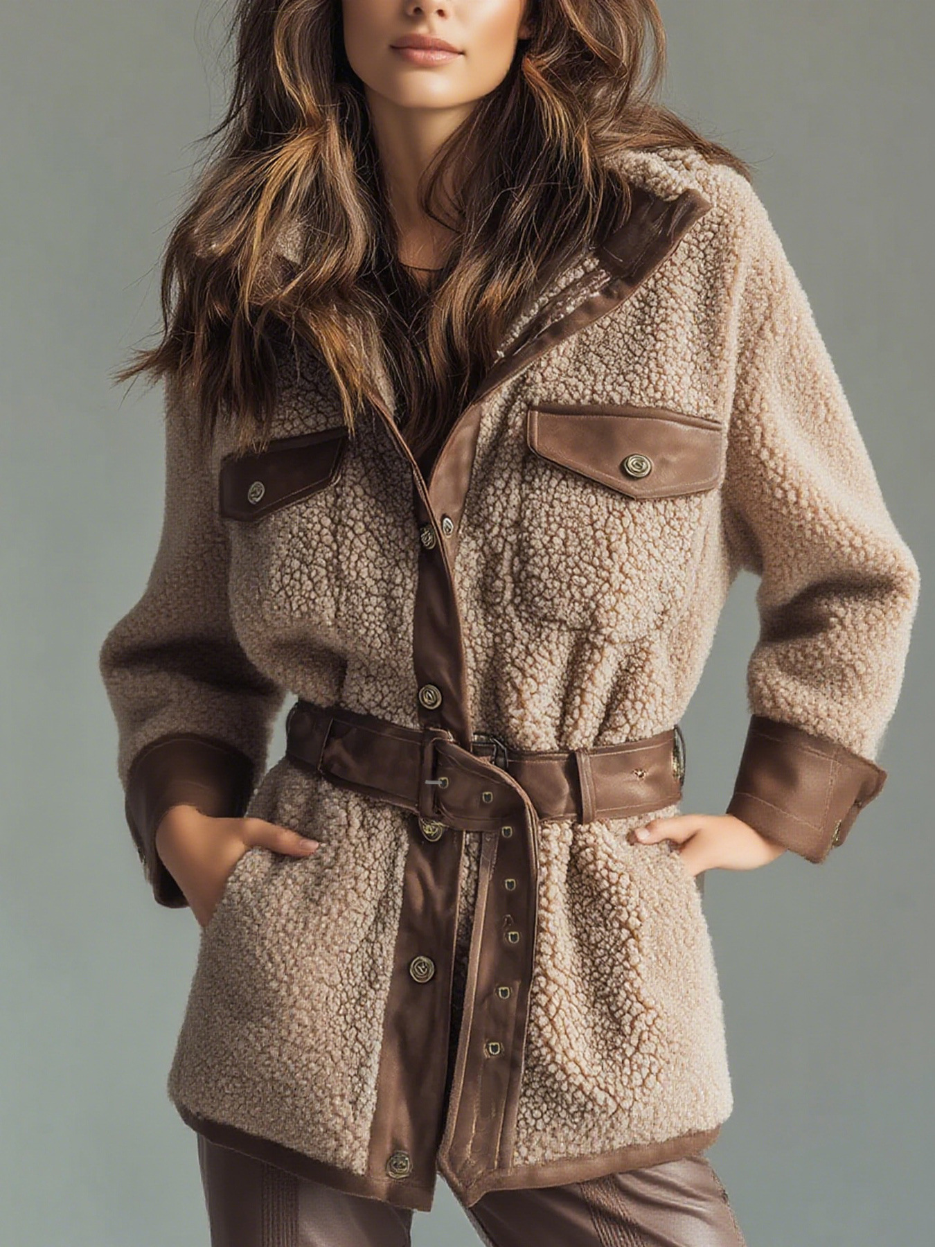 Women's Belted Sherpa Jacket with Faux Leather Trim 08082768 a350 424d b598 ab503c4a7f15