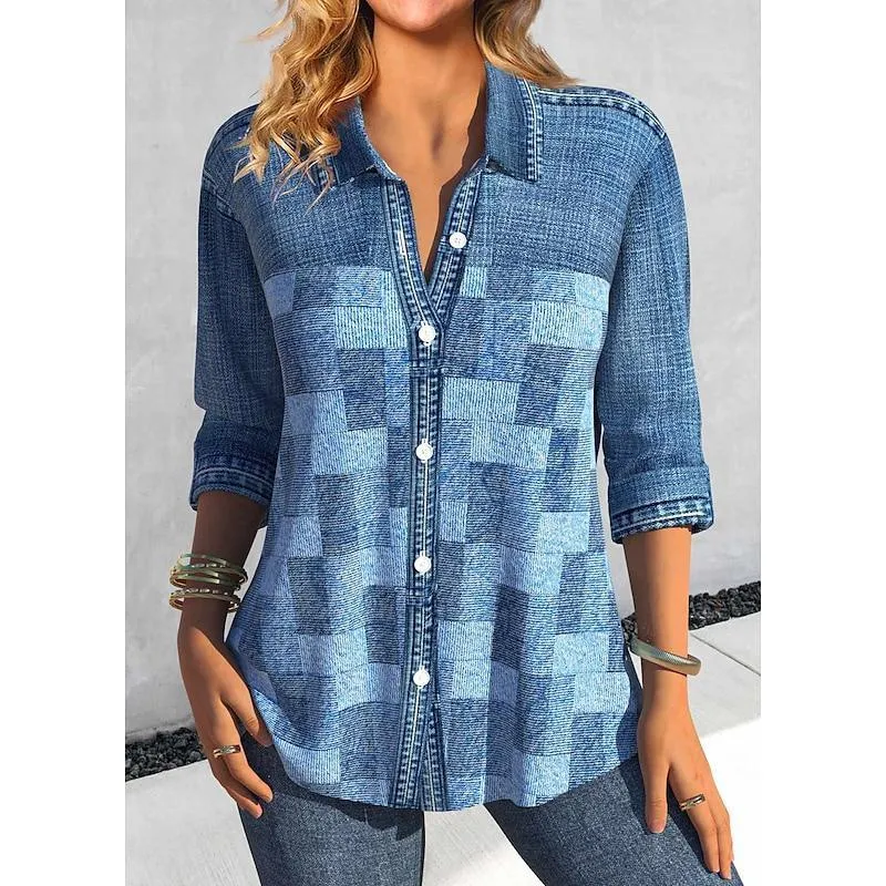 Casual Polo Collar Women's Plaid Simple Floral Print Mid-length Sleeves Shirt - 6 Black Line C324