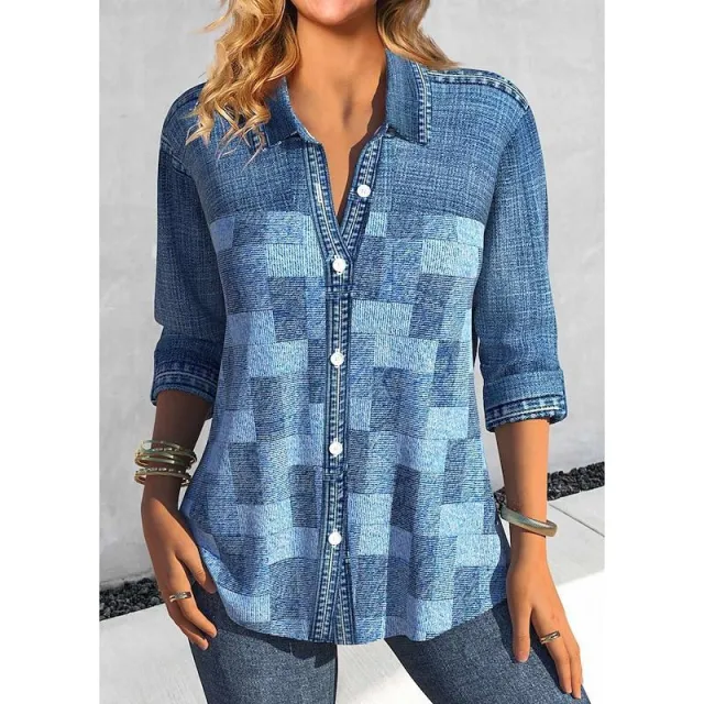Casual Polo Collar Women's Plaid Simple Floral Print Mid length Sleeves Shirt 6 Black Line C324 - Shop at LoveMi