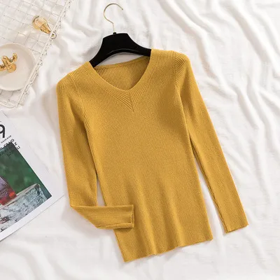 Women's Slim fit Long sleeved Pullover Skinny V neck Sweater Yellow - Shop at LoveMi