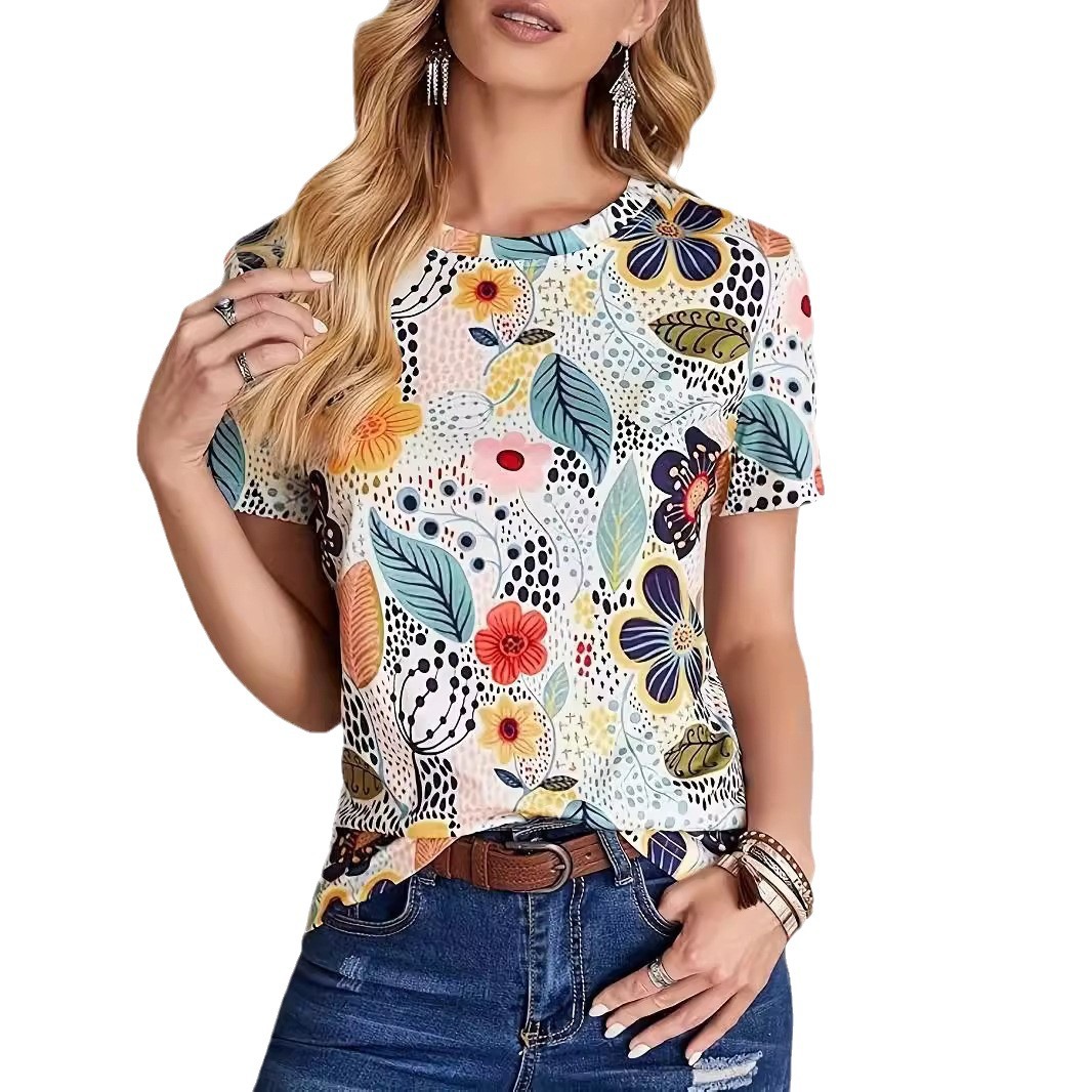 Womens Floral Digital-Print Crew-Neck Short-Sleeve TopT-Shirt