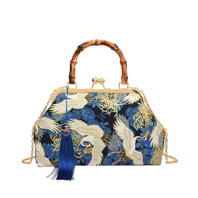 New Retro National Style Embroidered Clutch Bag Red crowned Crane Handbag Blue - Shop at LoveMi