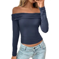 Y2g Pleated Off-shoulder Long Sleeve Sexy Top - Blue - View 1