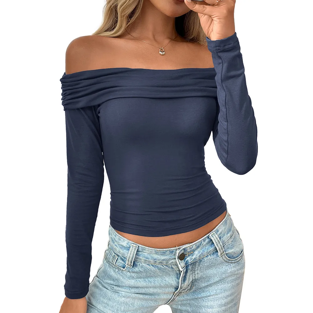 Y2g Pleated Off-shoulder Long Sleeve Sexy Top - Blue
