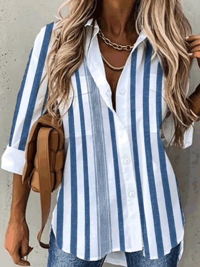 Casual Polo Collar Women's Plaid Simple Floral Print Mid length Sleeves Shirt Floral - Shop at LoveMi