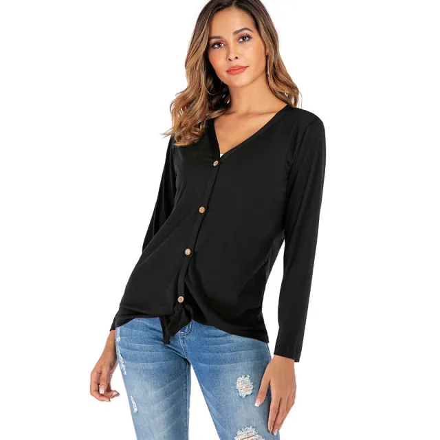 Women's V neck Button Long sleeved Cardigan T shirt Bottoming Shirt Black - Shop at LoveMi