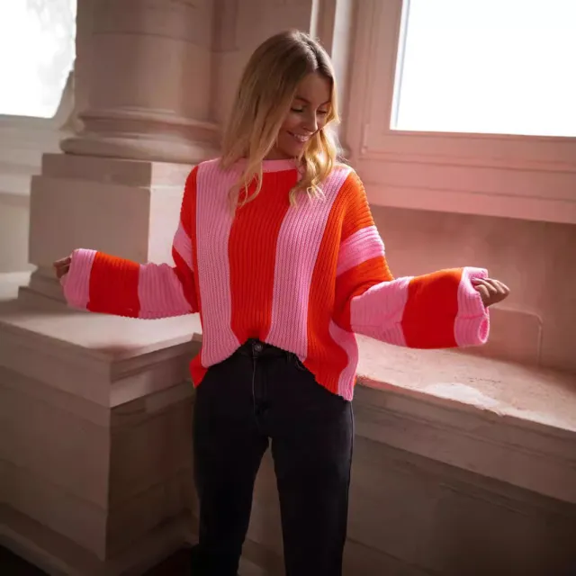 Sweater Ins Style Loose Plus Size Vertical Stripes Contrast Color Round Neck Knitwear Pullover Pink - Shop at LoveMi