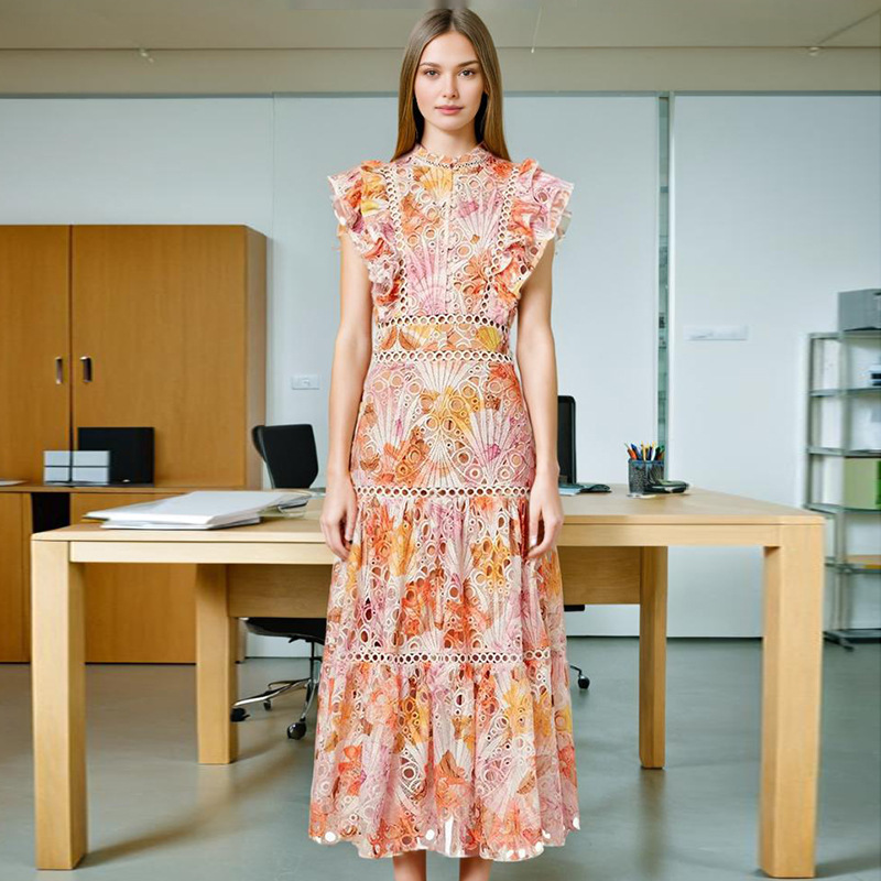 Fashion Sweet Style Long New Embroidered Crocheted Flower Dress Women