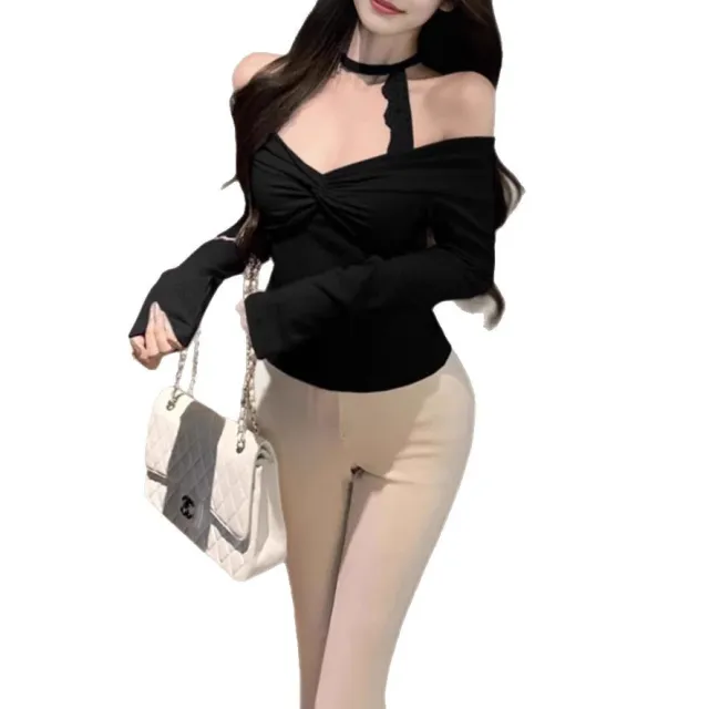 Off shoulder Halter Knitted Bottoming Shirt For Women Short Strapless Top A185 Black - Shop at LoveMi