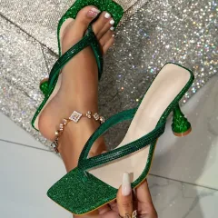 Square Toe Flip-toe Rhinestone Sexy High Heel Slippers - Green - View 1