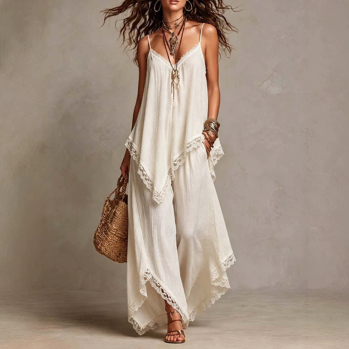 Bohemian-Elegant Resort-Style Chic Strap Wide-Leg Pants Set