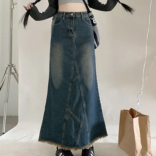 New High Waist Retro Water Blue Denim Skirt For Women Vintage Blue - Shop at LoveMi