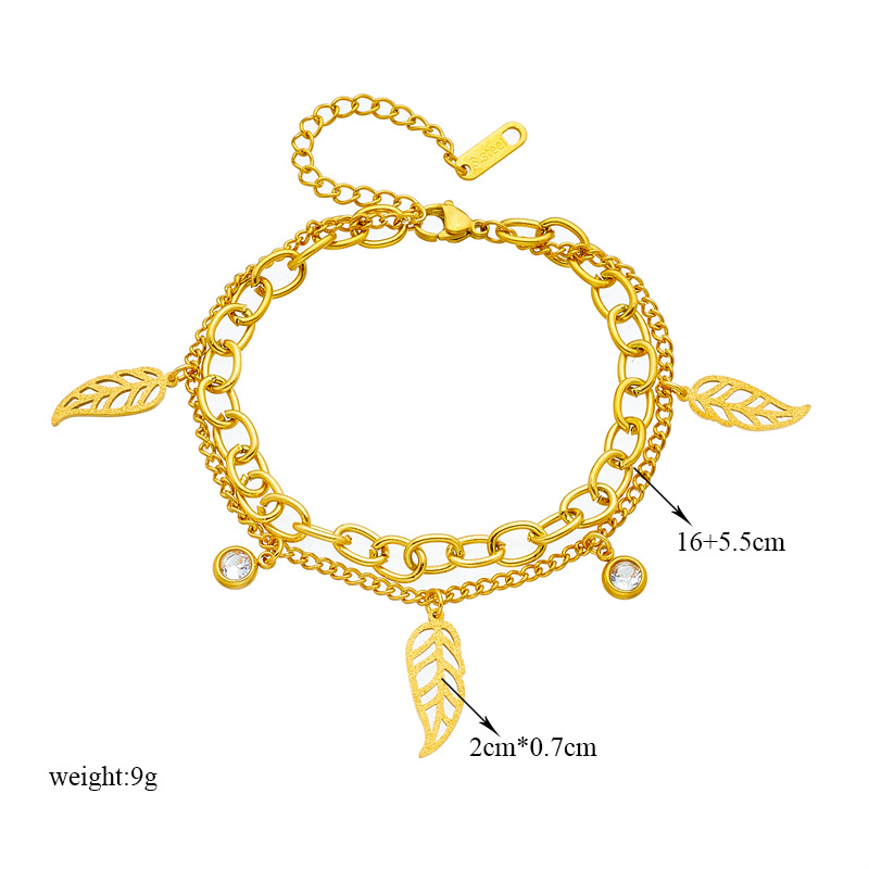 Women's Simple Fashion Special-interest Titanium Steel Metal Double Layer Twin Leaf Diamond Bracelet