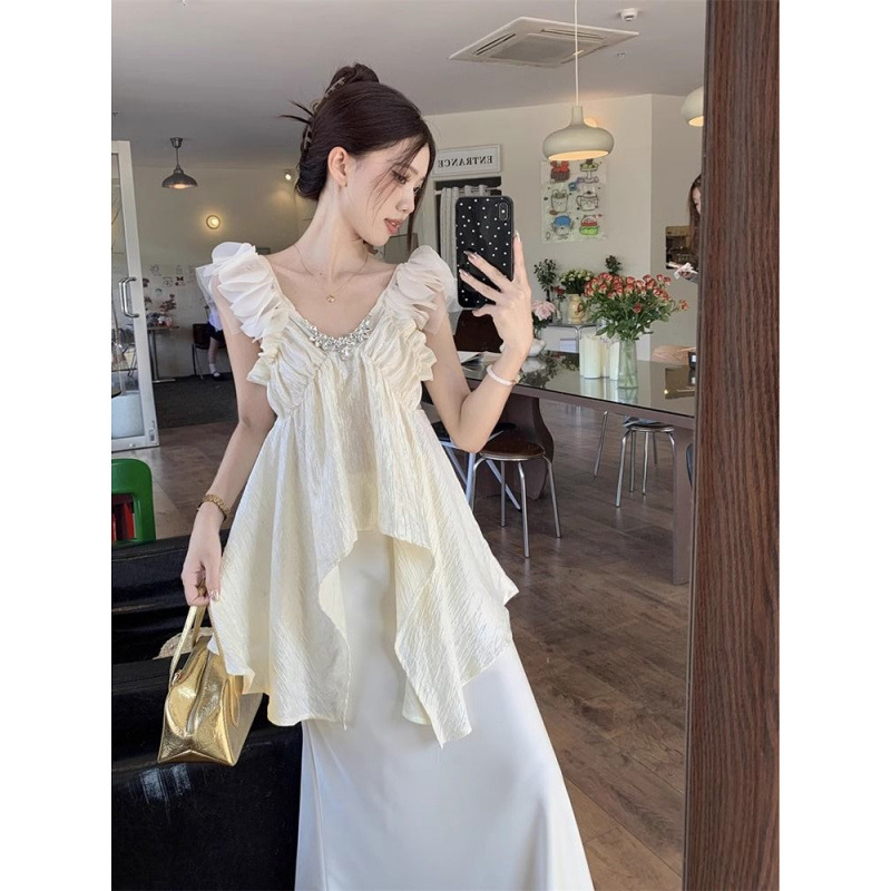 V-neck Irregular Ruffled Shirt Satin Skirt Fashion Suit