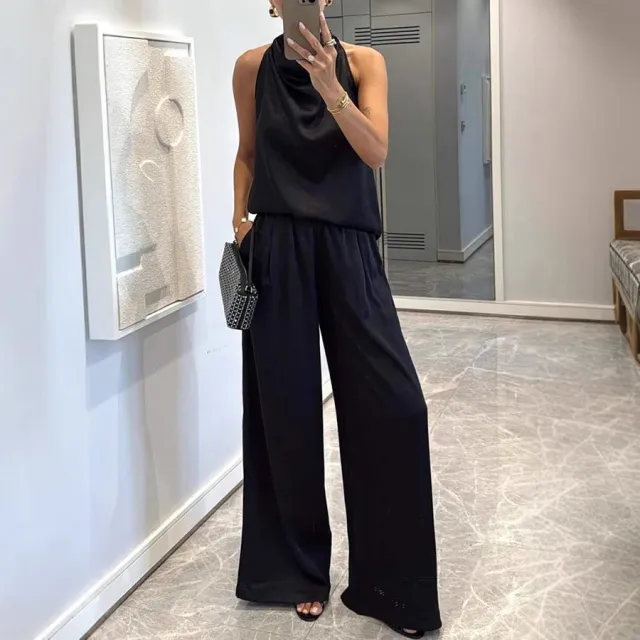 Women's Sleeveless Trousers Loose Satin Two piece Set Black - Shop at LoveMi