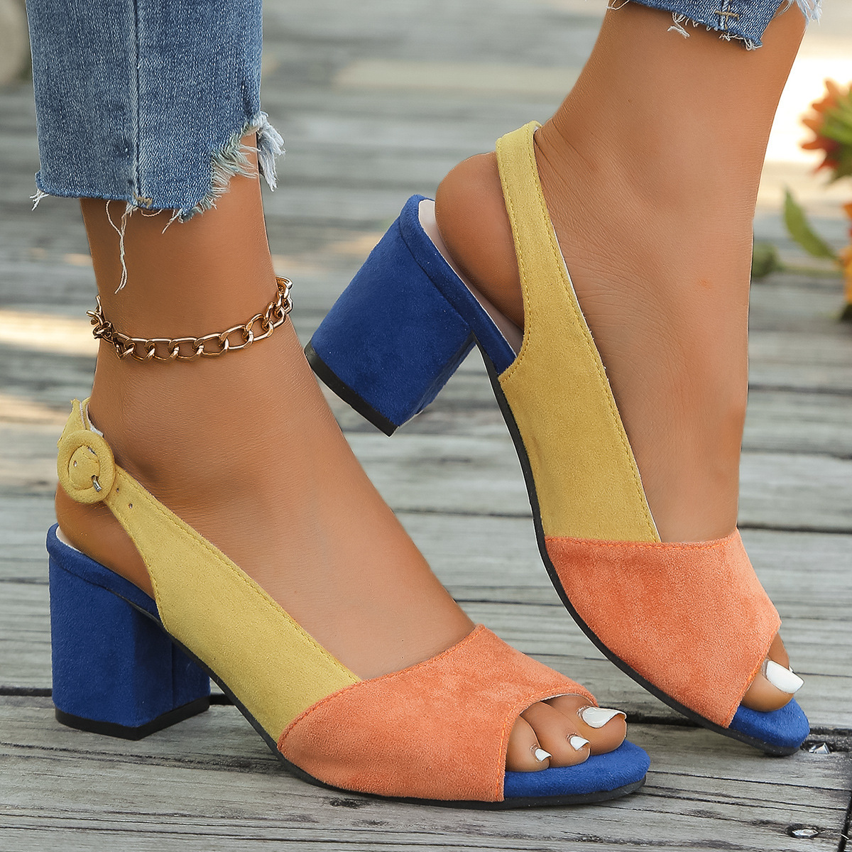 Womens Colorful Block-heeled Round-toe Sandals
