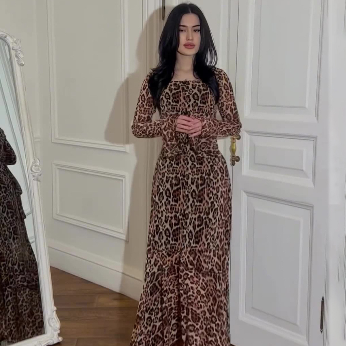 Leopard Print Ruffle Sleeve Stitching Irregular Dress