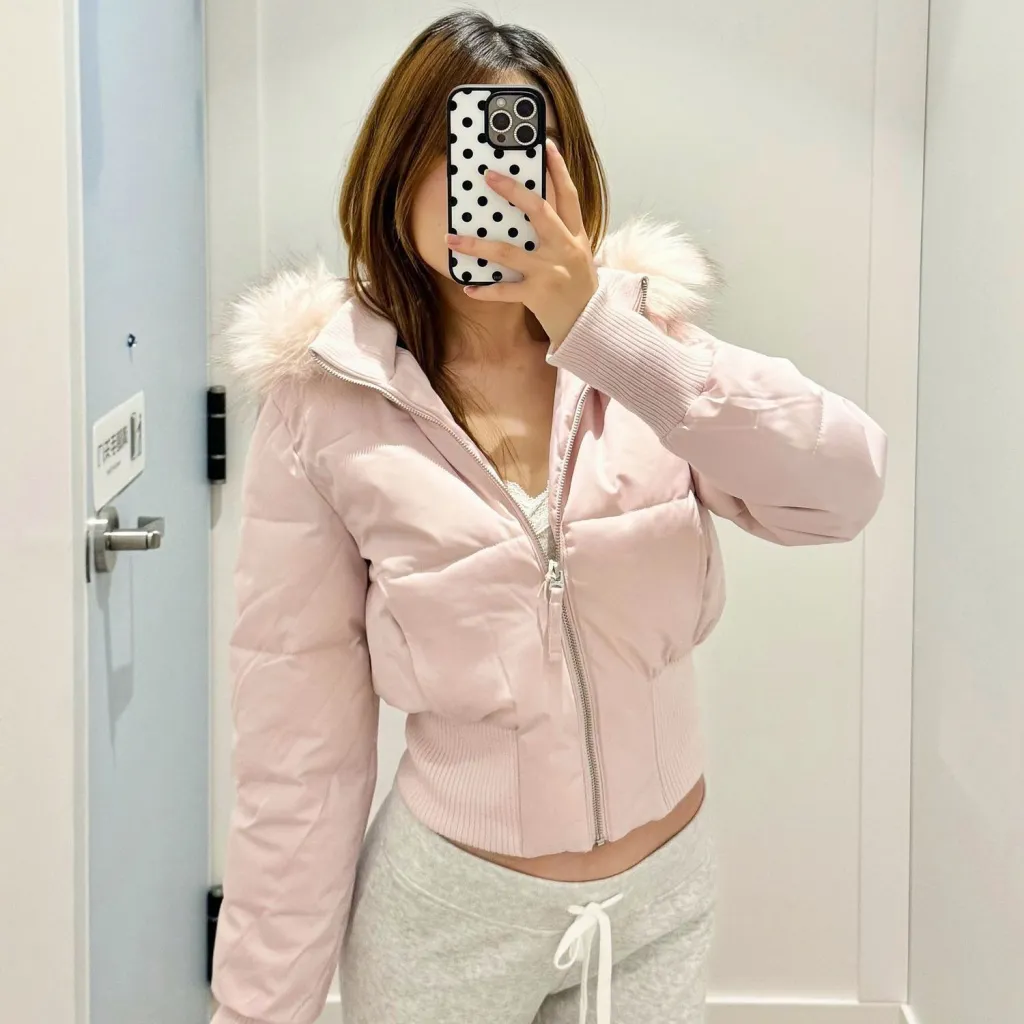 Women's Versatile American Retro Fur-collar Hooded Short Cotton Jacket - Pink