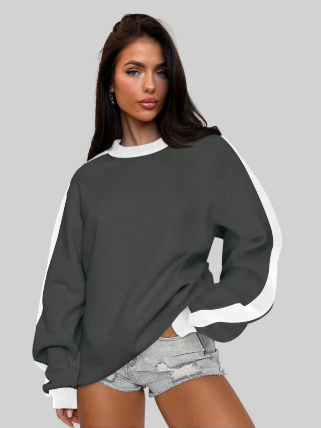 Women's Contrast Color Round Neck Loose Sweater Long sleeved Top Beige - Shop at LoveMi
