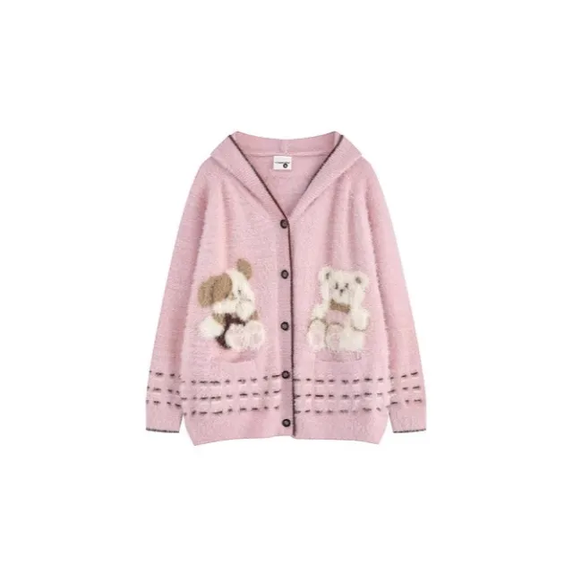 Bear Jacquard Hooded Knit Cardigan Female Loose Sweater Coat Pink - Shop at LoveMi