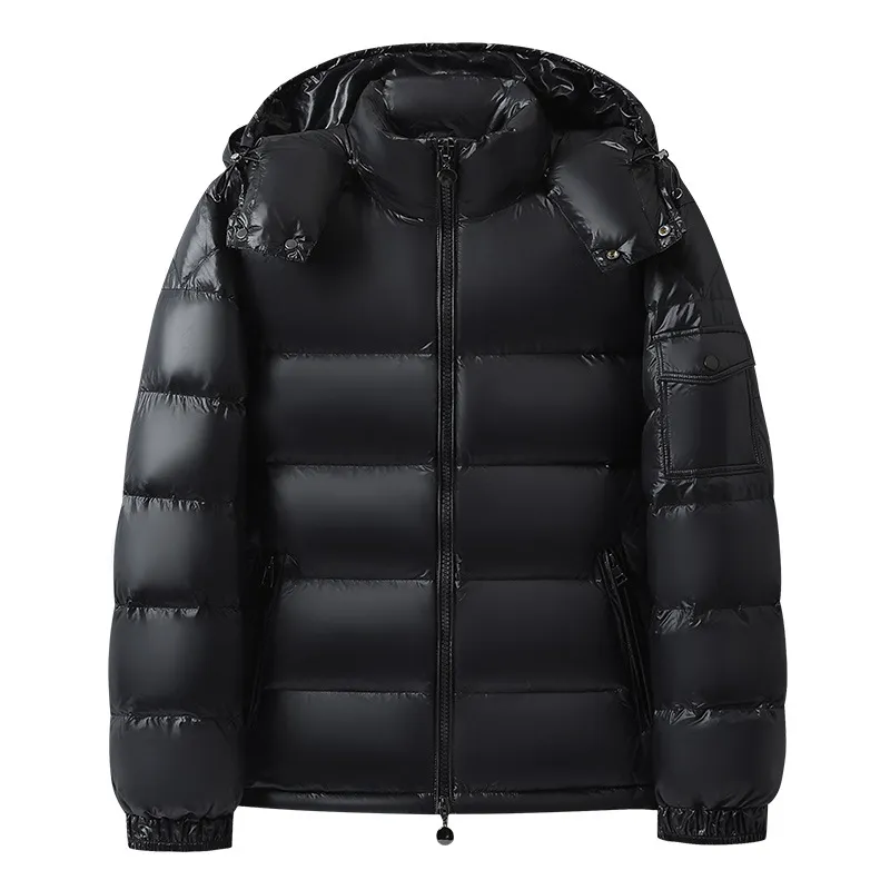Warm Men's And Women's Glossy Hooded Jacket - Black