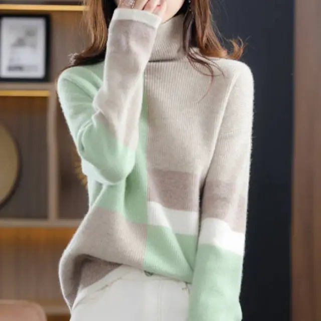 Loose Slimming Laid back Style Knitted Bottoming Shirt Turtleneck Sweater Green - Shop at LoveMi