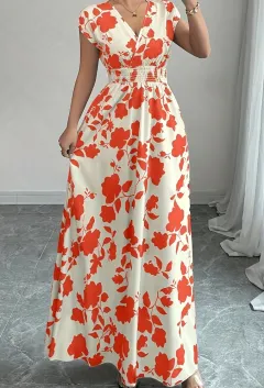 Short Sleeve Lace-up Dress Printed V-neck - Orange - View 1