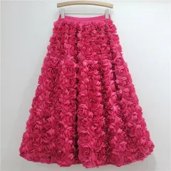 Three-dimensional Flower High Waist Big Swing A- Line Skirt Long Dress For Women - Rose Red - View 1