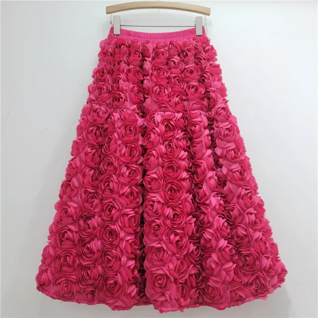Three dimensional Flower High Waist Big Swing A Line Skirt Long Dress For Women Rose Red - Shop at LoveMi