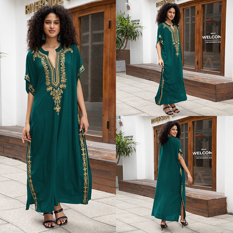 European And American Rayon Embroidered Holiday Loose Plus Size Long Dress