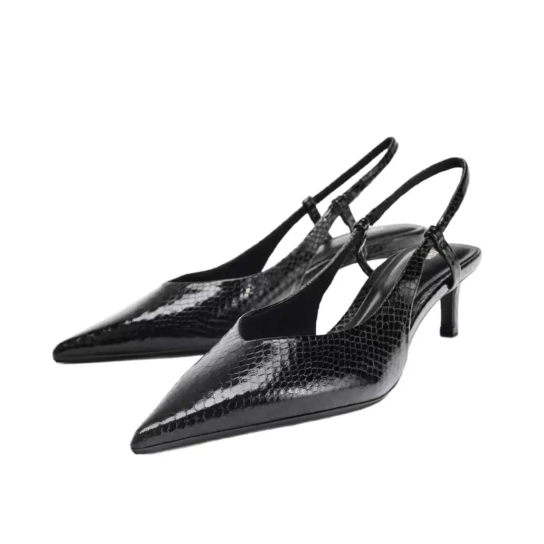 Womens Textured Cat-heeled Pointed-toe Versatile Slingback Heels