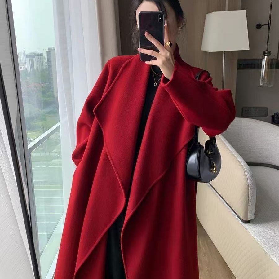 Long Wool Coat With Tie Belt Elegant For Petite Women