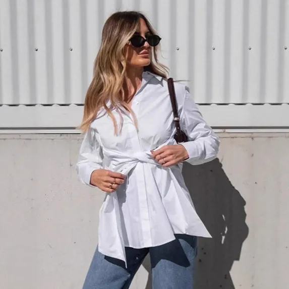 Elegant White Lace up Waist Trimming Fashion Lapel Cotton Women's Shirt White - Shop at LoveMi