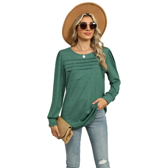 Solid Color U neck Pleated Long sleeved T shirt Top For Women Dark Green - Shop at LoveMi