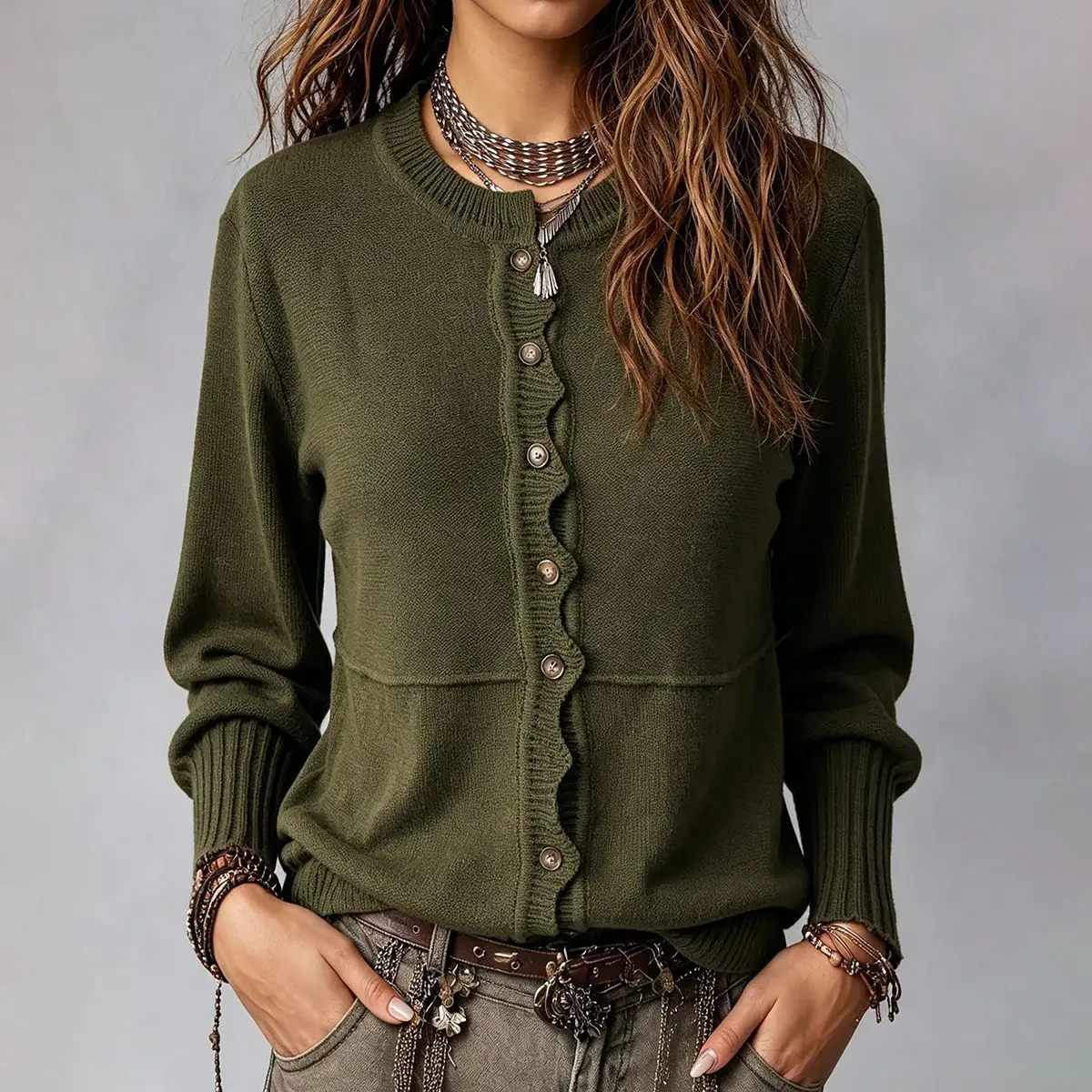 Casual Everyday Button-up Crewneck Cardigan Sweater