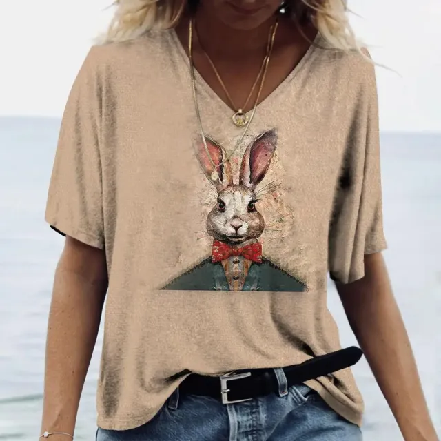 Ladies' V neck T shirt 3d Printing Animated Rabbit Short Sleeve Hx240623R8 M - Shop at LoveMi