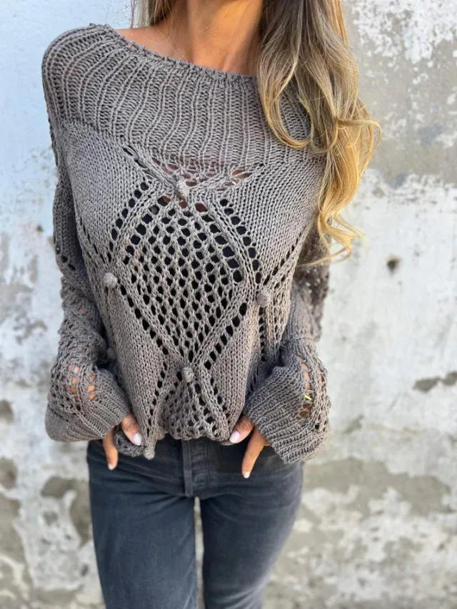 European And American Leisure Loose Hollow Out Sweater Round Neck Knitted Top Gray - Shop at LoveMi