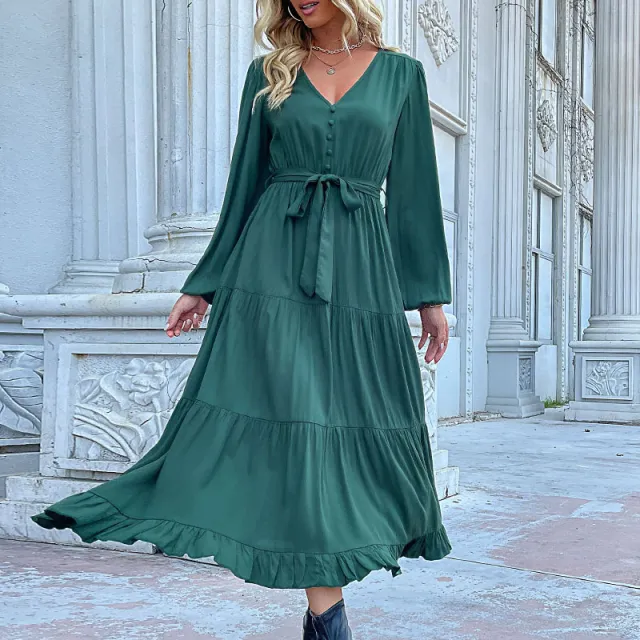 Casual Long Sleeve Solid Color Dress Draping Effect Dark Green - Shop at LoveMi