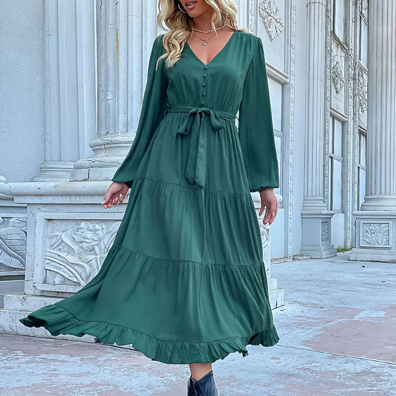 Casual Long Sleeve Solid Color Dress Draping Effect - Dark Green