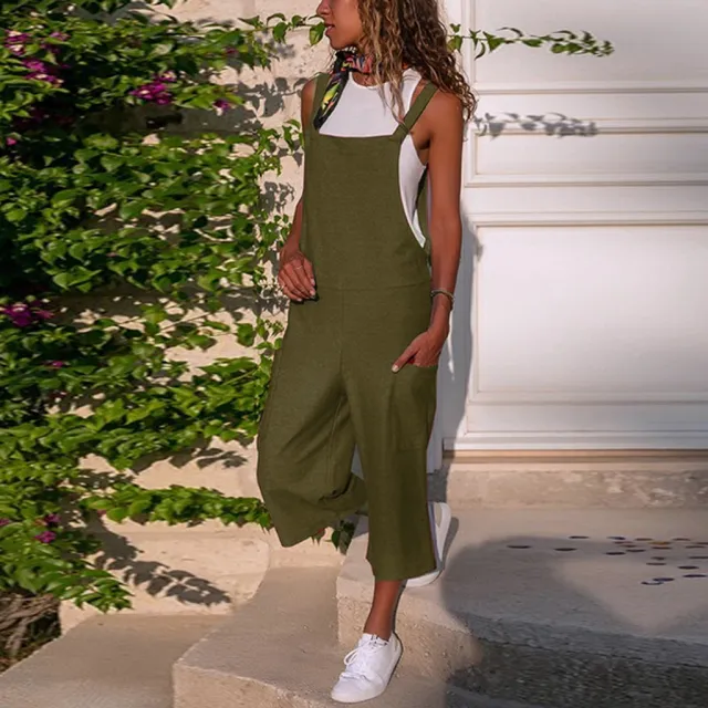 Cotton And Linen Casual Loose Long Wide Leg Jumpsuit Army Green - Shop at LoveMi