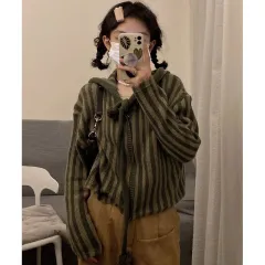 Retro Fashionable Hooded Sweater Women's Loose Korean Style Vertical Stripes - Green - View 1