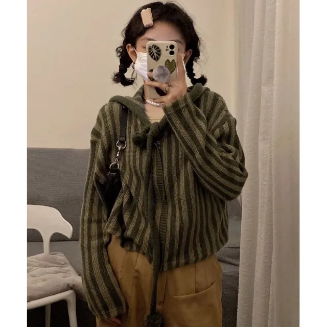 Retro Fashionable Hooded Sweater Women's Loose Korean Style Vertical Stripes Green - Shop at LoveMi