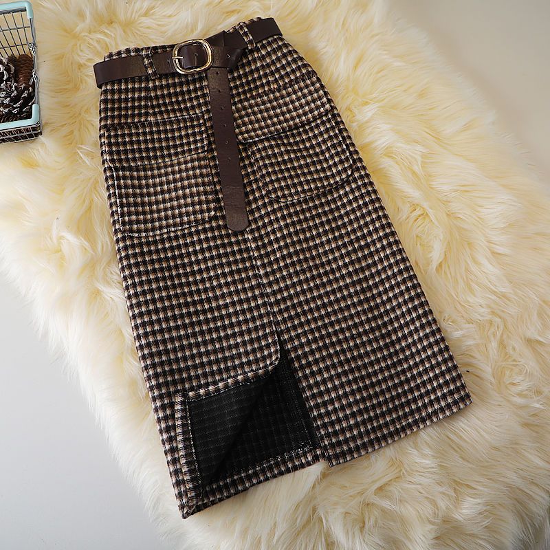 Autumn And Winter Woolen Plaid Sheath Skirt Women Coffee - Shop at LoveMi