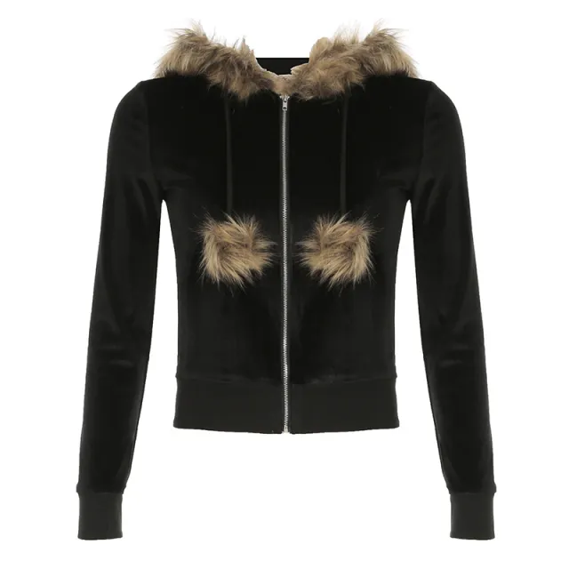 European And American Style Furry Hooded Velvet Coat For Women Black - Shop at LoveMi