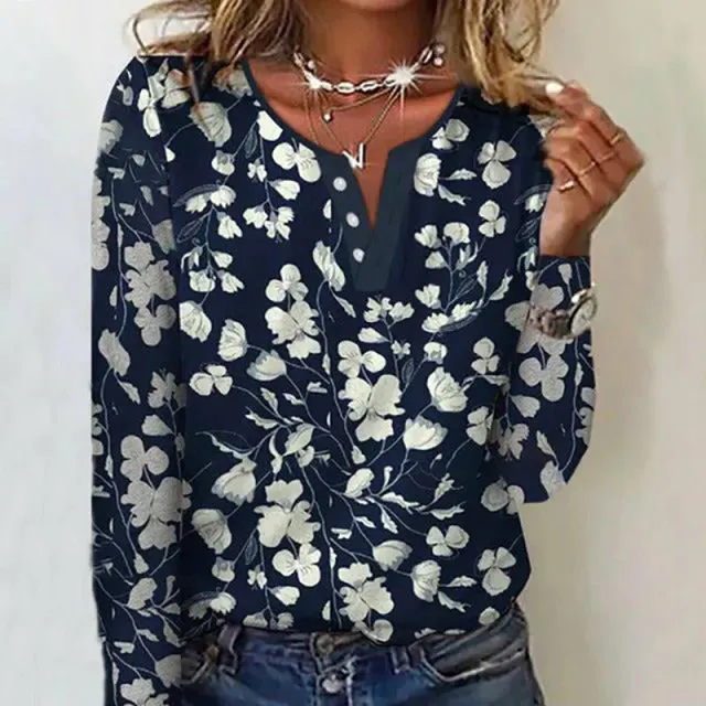 Loose Long Sleeve Floral Round Neck Button T shirt For Women Navy Blue - Shop at LoveMi